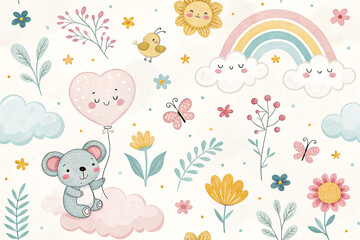 Cute animal, balloon, clouds, flowers, rainbow, pastel, baby pattern