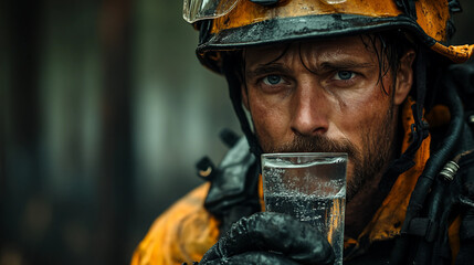 Exhausted firefighter drinking plain water from a transparent glass, set against a realistic forest background. Suitable for marketing or business purposes. Panoramic banner with place for text