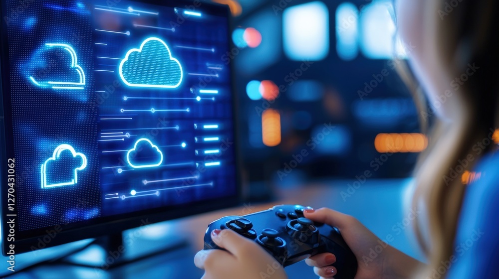 Poster a person uses a game controller while interacting with a screen displaying cloud symbols and data st