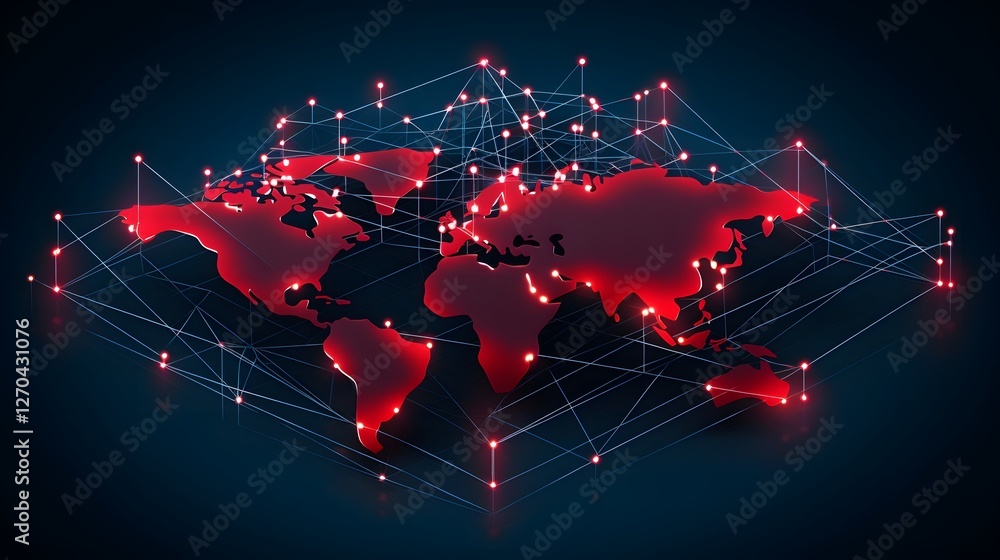 Poster 3d isometric of a global data communication network flowing across countries and continents represen