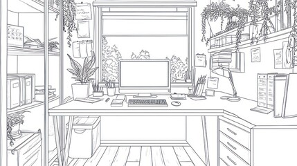 Fototapeta premium Interior sketch of a home office with plants and computer. Use for illustrations or posters
