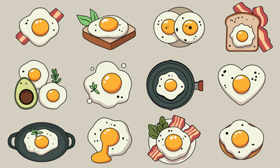 A set of creative illustrations of fried eggs in various presentations: with bacon, on toast, with avocado, in a heart shape, in a frying pan, and with a runny yolk. Designed in a minimalist style.