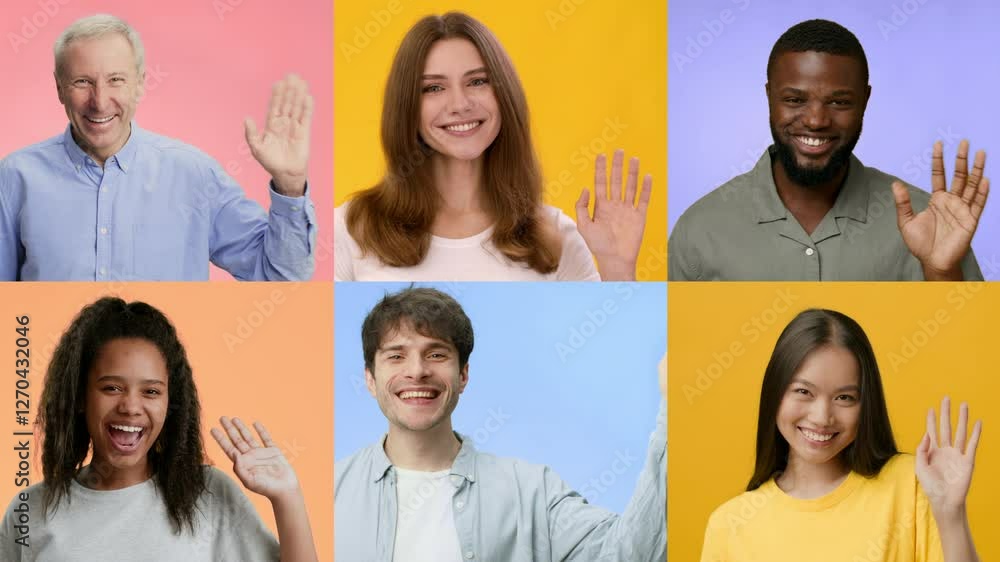 Poster A collage featuring a diverse group of individuals smiling and waving in an uplifting manner. Each person contributes to the positive, welcoming atmosphere with their gestures.