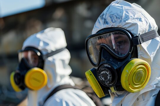 Close-up of two individuals wearing hazmat suits and respirators during a hazardous materials operation.