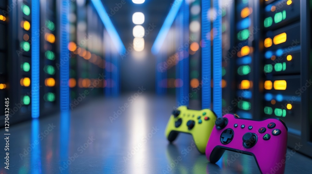 Poster modern servers with colorful game controllers in focus, symbolizing gaming technology and online con