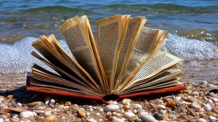 Open book, beach, waves, summer, reading, ocean, pebbles, relaxation, vacation