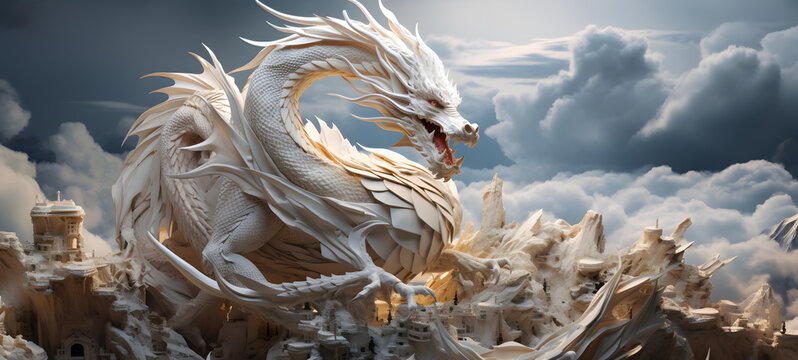 A miniature dragon cloud world model was created using delicate origami techniques to create a three-dimensional effect