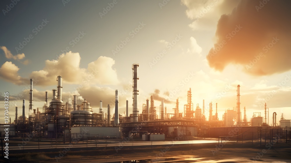 Poster massive oil refinery with a complex network of piping systems and towering distillation columns silh