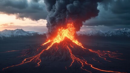 Volcanic landscapes concept. An erupting volcano with flowing lava and dark smoke against a dramatic sunset sky.