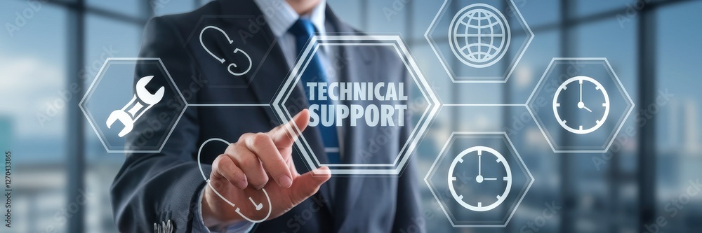 Poster businessman touching technical support interface showing icons and text
