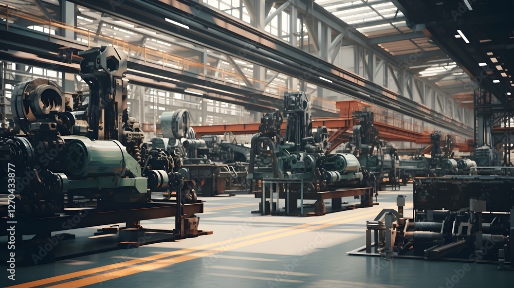 Poster automated industrial assembly line with machinery and conveyor belts operating inside a massive auto
