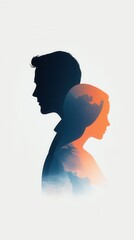 Silhouettes of man and woman facing opposite directions with double exposure effect of clouds and sky, creating serene and introspective mood