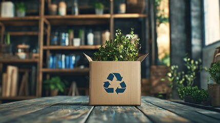  Earth Day: Box with Recycling Symbol and Plant, Emphasizing Sustainable Living and Environmental Responsibility - Stock Photo