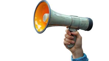 Amplifying the Voice: A hand gripping a megaphone, conveying a sense of announcement, protest, or a call to action, the powerful tool for broadcasting information.