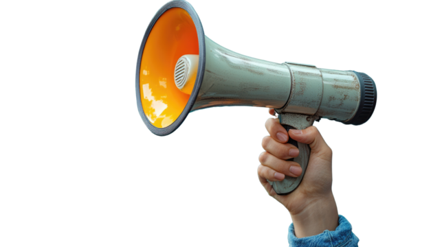 Amplifying the Voice: A hand gripping a megaphone, conveying a sense of announcement, protest, or a call to action, the powerful tool for broadcasting information.