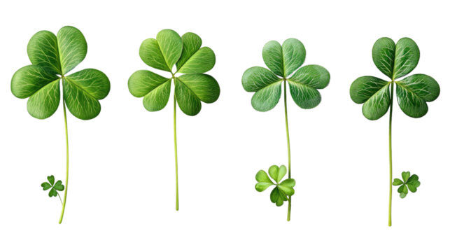 Four-leaf Clover Arrangement: A captivating overhead shot reveals four meticulously arranged four-leaf clovers, their vibrant green leaves radiating freshness and vitality.