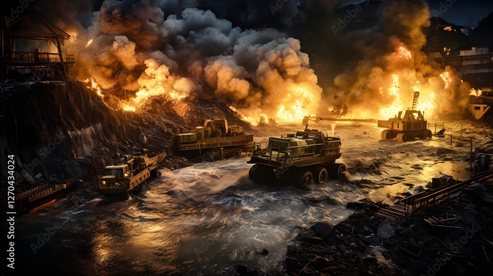 Poster gigantic mining site with colossal dump trucks and powerful excavators in intense to extract raw mat