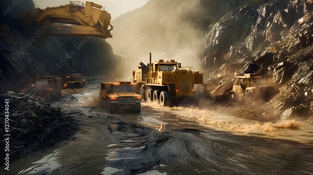Poster gigantic mining featuring a fleet of massive dump trucks and towering excavators working together to
