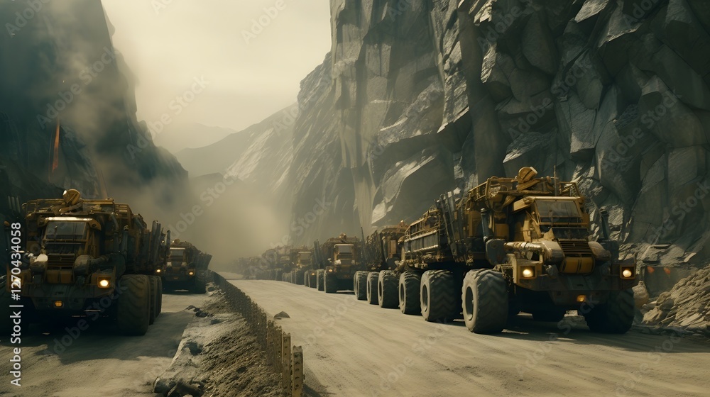 Poster vast open pit mining site with towering excavators mammoth dump trucks and other heavy equipment in 