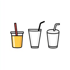 Three cups with straws; juice, milk, empty; white background; menu design