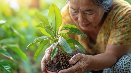 Sustainability at Home A woman, her hands gentle and calloused, carefully removed a plant from its pot, revealing its roots, and placed it in a fresh one, nurturing the green life within her home.