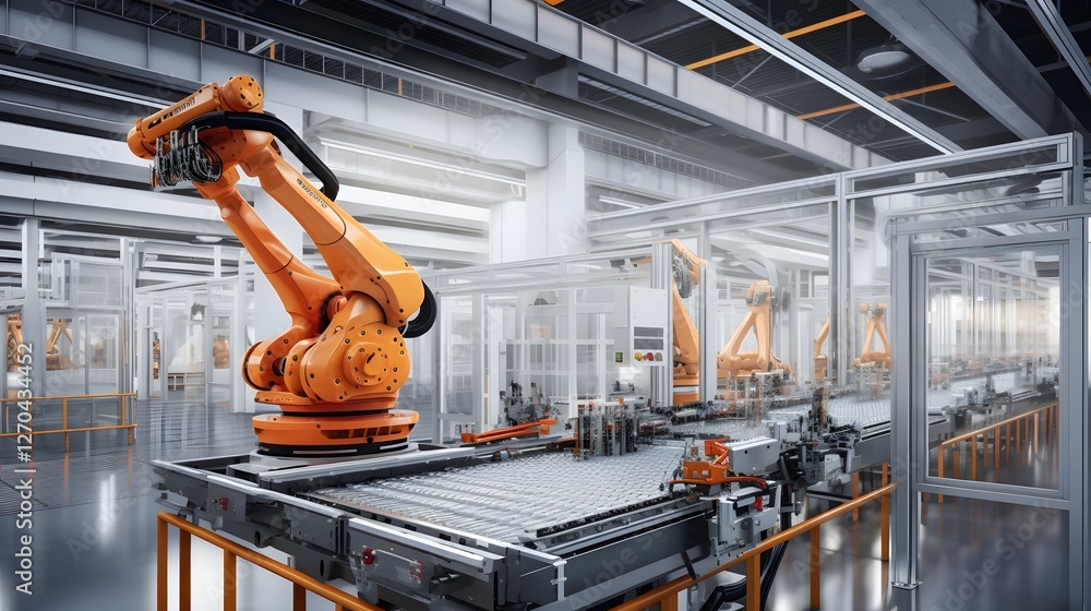Poster robotics driven automated industrial warehouse with heavy machinery assembly and production processe