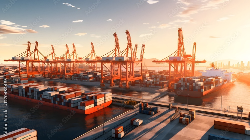Poster this image depicts a sprawling industrial shipping port with towering cranes efficiently unloading r