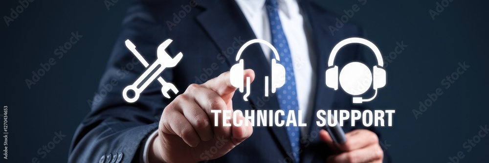Poster man in suit demonstrates technical support with digital interface icons