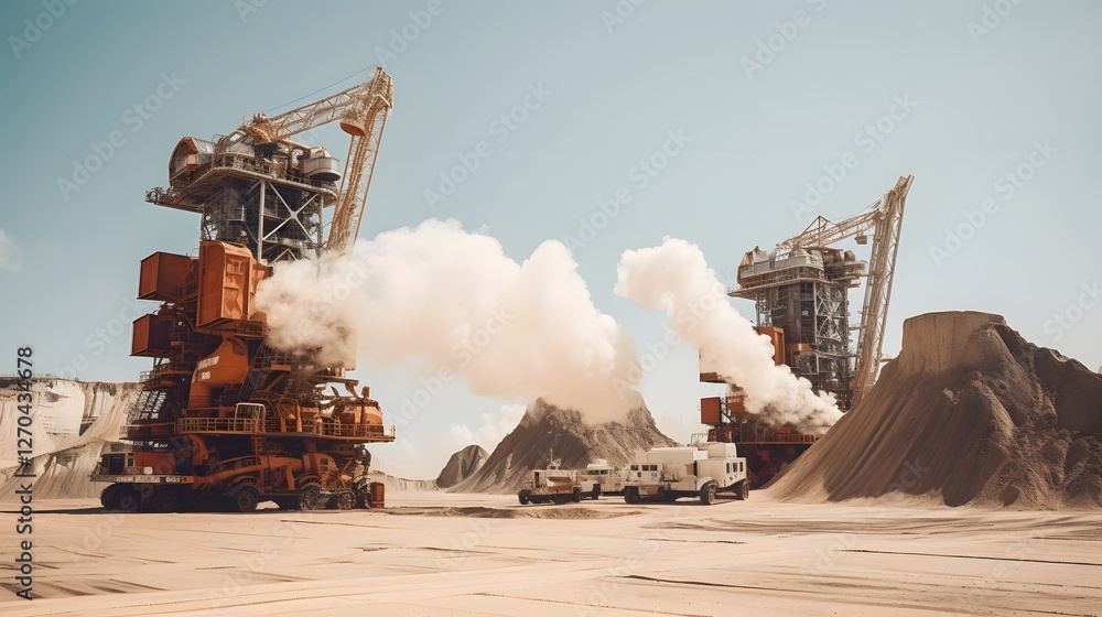 Poster massive drilling rigs and heavy industrial machinery in action during a deep open pit mining valuabl