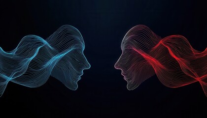Fototapeta premium Abstract illustration of two faces formed by flowing lines, one in blue and other in red, facing each other against dark background. image conveys sense of connection and contrast