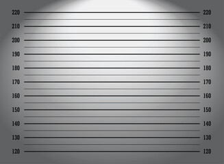 Mugshot, Police lineup or mugshot background for criminals in a dark room with light with centimeter measurement	
