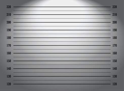 Mugshot, Police lineup or mugshot background for criminals in a dark room with light with centimeter measurement	
