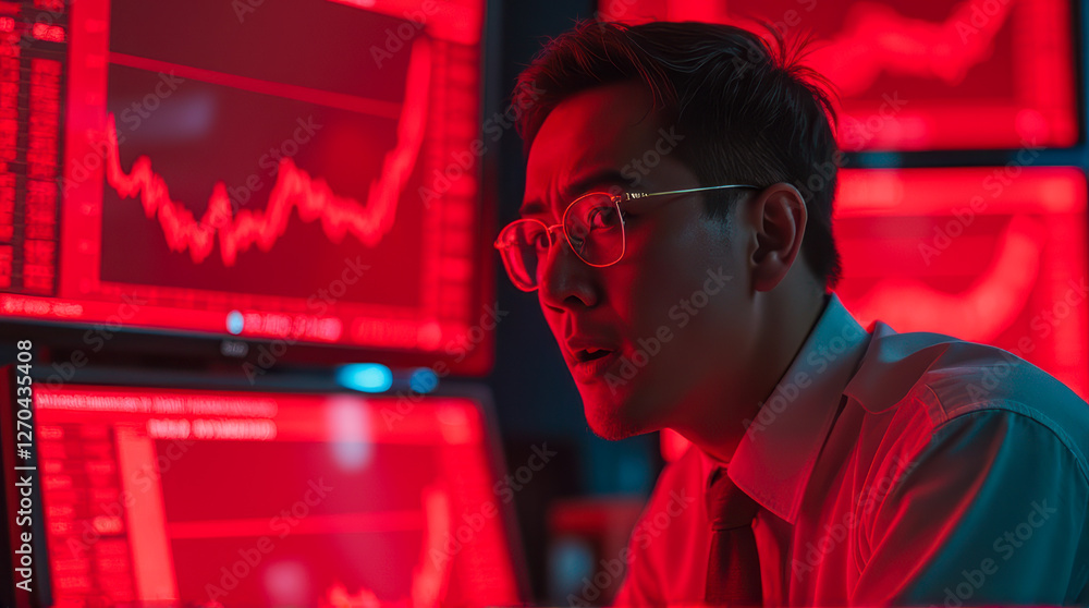 Aufkleber focused analyst observing stock market trends via screens with data visualizations in red lighting