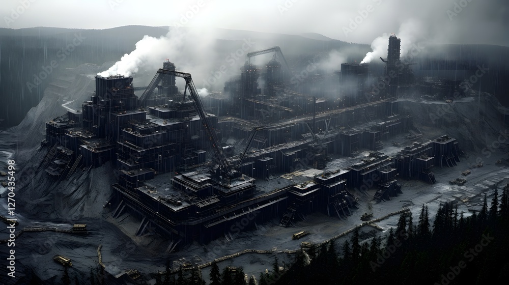Poster imposing coal fired power plant with a vast network of conveyor belts transporting vast quantities o
