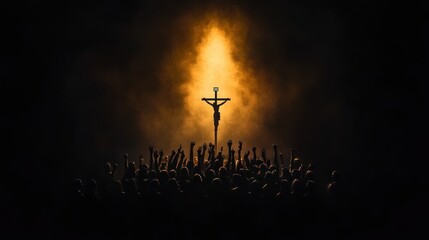Group of Christians worshiping with hands raised in front of illuminated cross