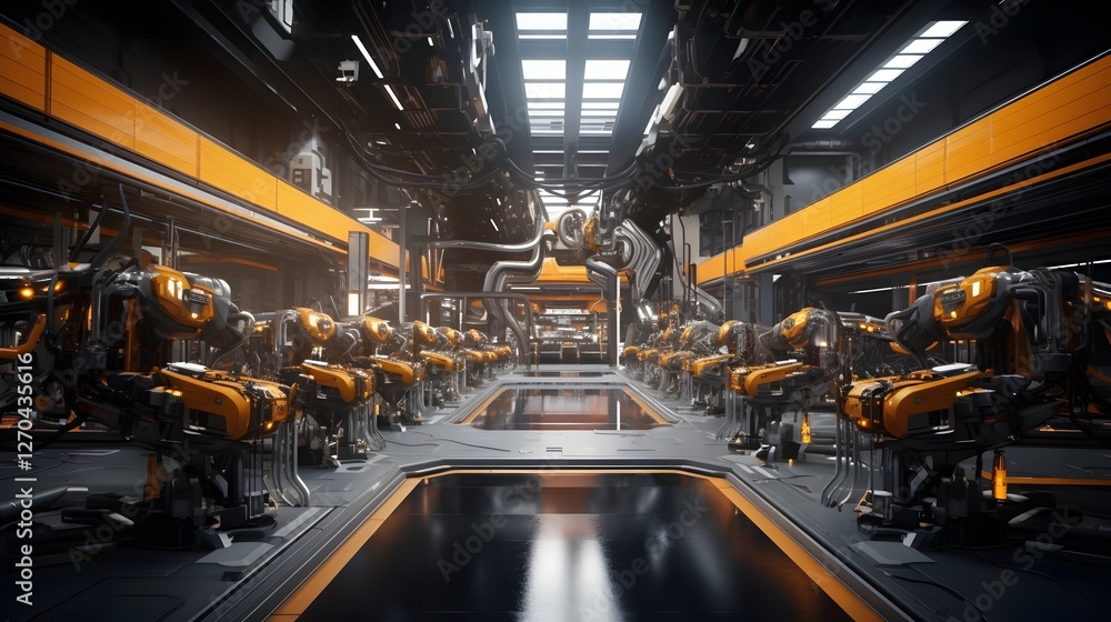 Poster futuristic industrial automation factory with robotic welding arms assembling parts and components o