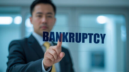 Businessman in Suit Pointing at Bankruptcy Sign in Office Environment with Serious Expression and Blurred Background