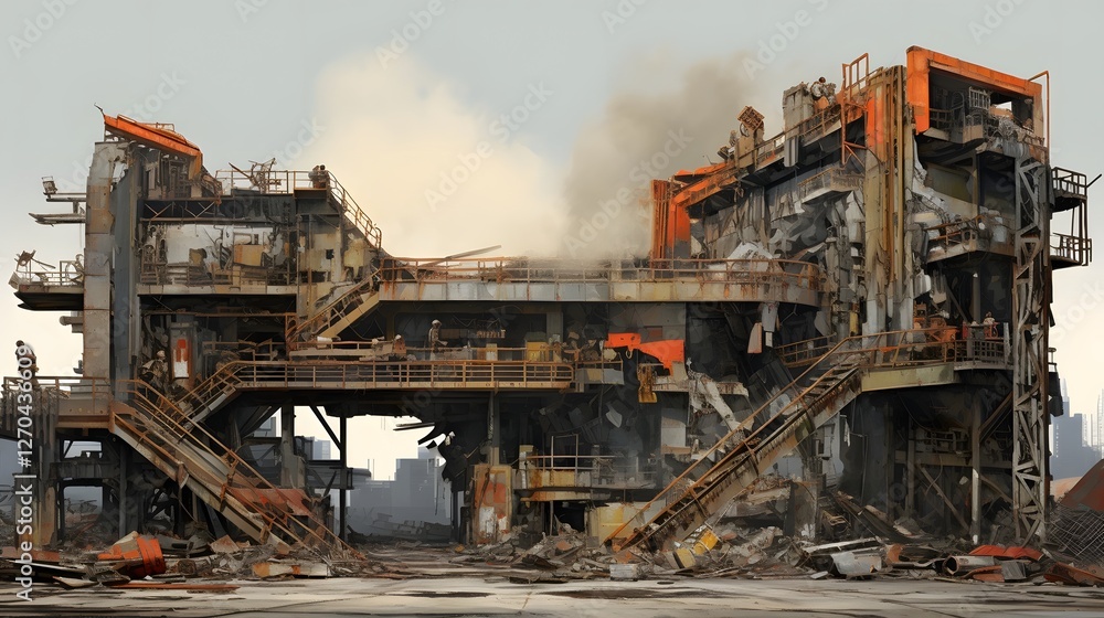 Poster aerial view of a large scale industrial recycling plant efficiently processing and sorting scrap met