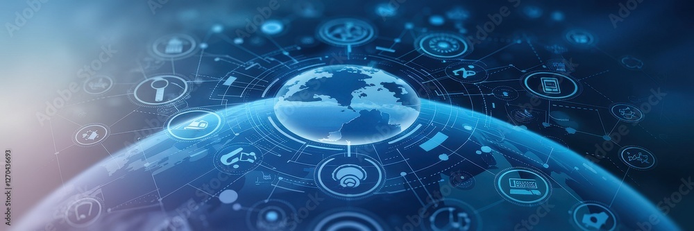 Poster digital world globe connected by lines and circular icons