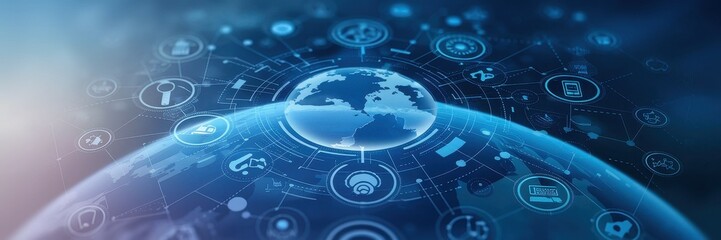 Digital world globe connected by lines and circular icons