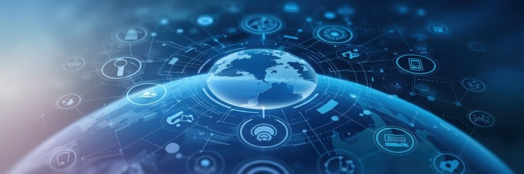 Digital world globe connected by lines and circular icons