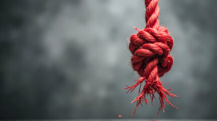 Close-up of a red rope knot hanging against a blurred gray background with frayed ends symbolizing struggle, tension, and emotional distress