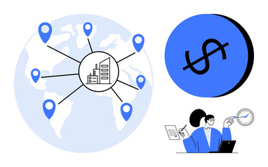 Globe with blue location markers connected to a central business icon, large dollar sign on a blue circle, person pointing at clock with clipboard and laptop. Ideal for business expansion, global