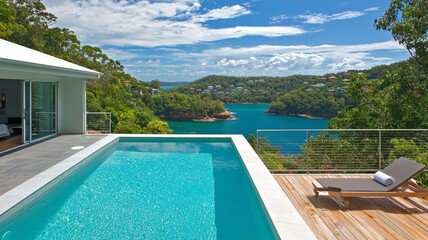 Fototapeta premium A contemporary pool sits at the edge of a stylish deck, providing a breathtaking view of a tranquil bay. Lush trees surround the area, creating a peaceful atmosphere on a bright, sunny day
