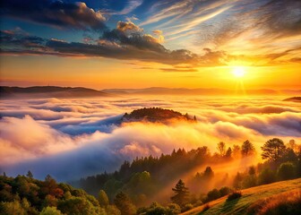 Golden hour sun rays pierce dawn's misty fog, revealing a breathtaking Italian hillside panorama.
