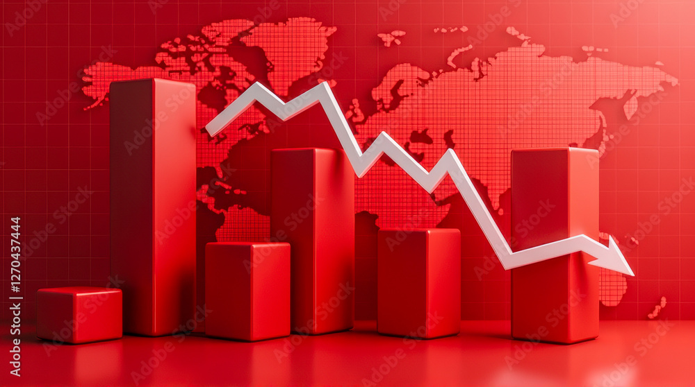 Poster graphical representation of declining financial trends with red bar chart and world map background