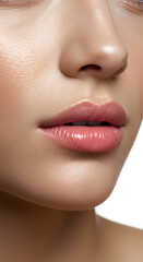 Fototapeta premium Close-up of a young woman's flawless skin and full lips, highlighting beauty and skincare.