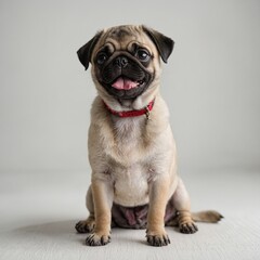 Obraz premium A tiny pug puppy sitting with its tongue sticking out on a bright white surface.
