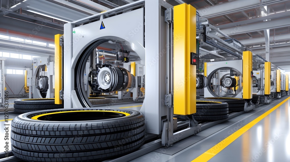 Poster state of the art automobile tire production facility featuring advanced robotic assembly and highly 