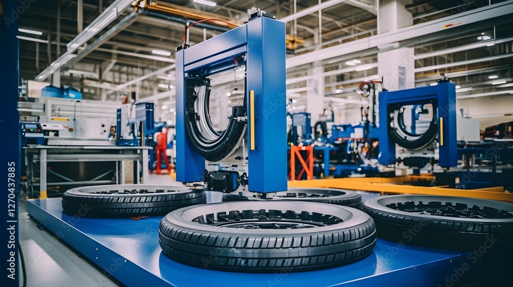 Poster cutting edge automobile tire manufacturing facility featuring automated robotic assembly lines and a